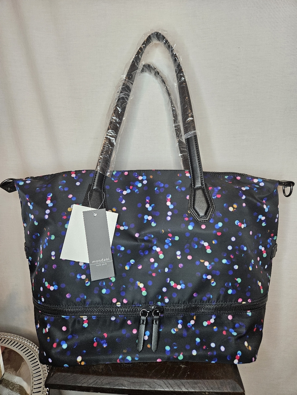 NWT Mondani New York Black Multi Color Polka Dot Weekender Bag Gym Yoga Tote